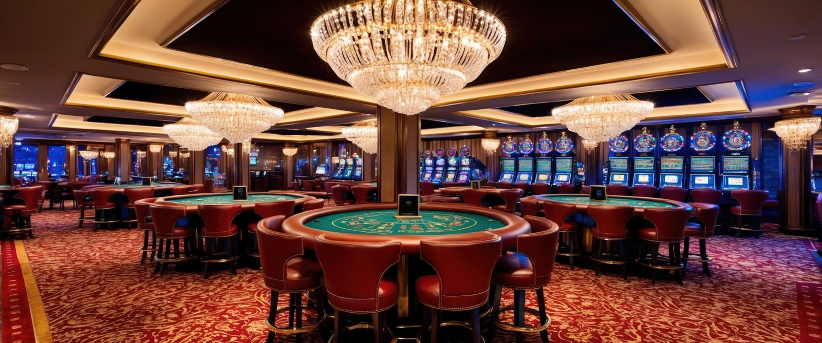 Luxurious casino gaming room featuring ornate chandeliers and elegant decor